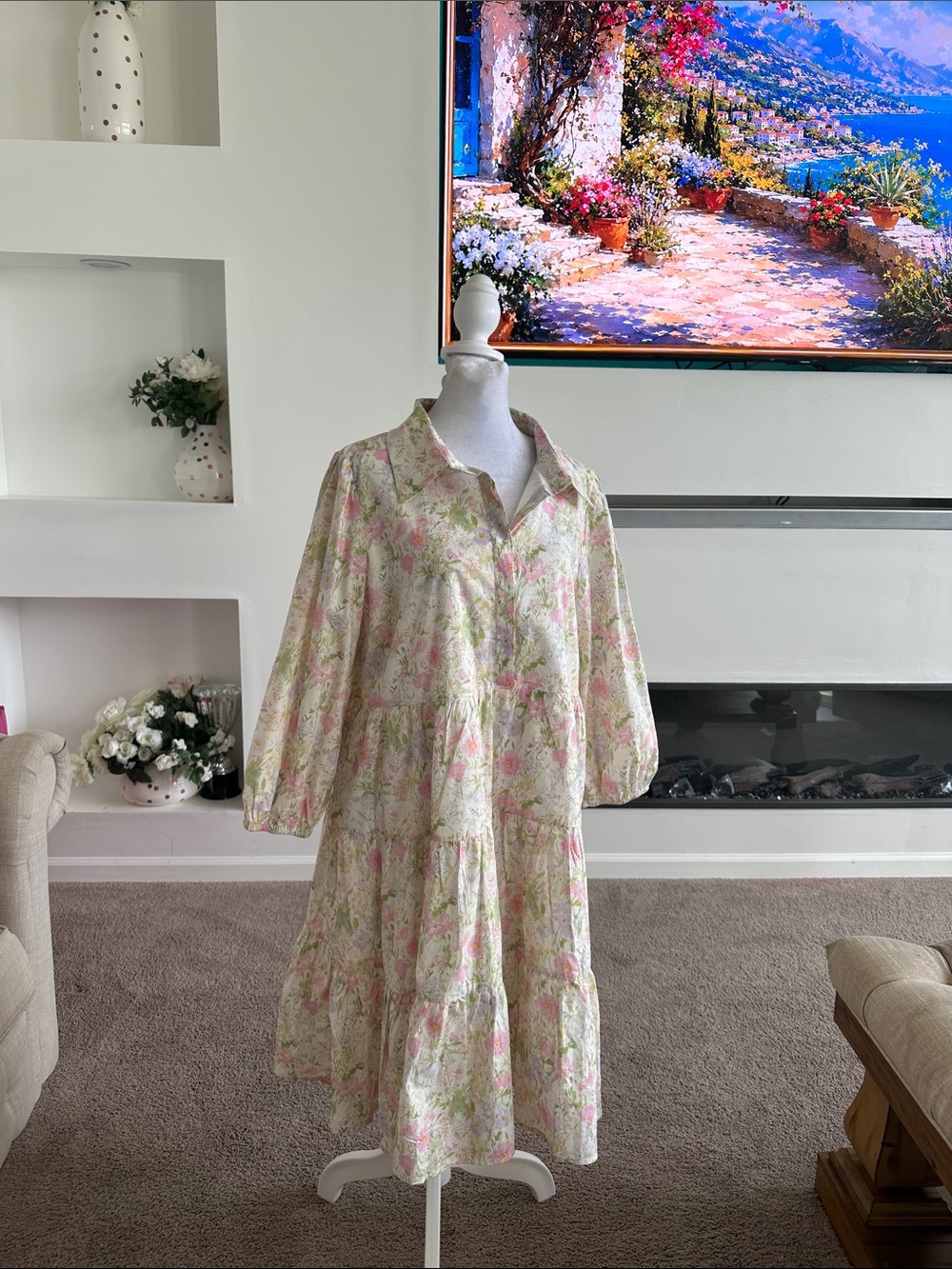 Chicsoul Tiered Collared Midi Dress in Soft Pink & Cream Floral